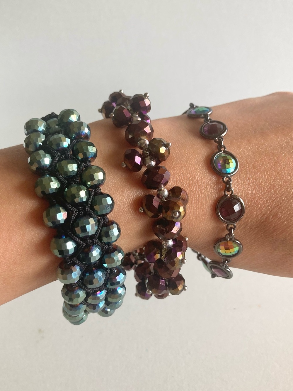 Iridescent Green and Purple Beaded preloved Bracelet Set of 3